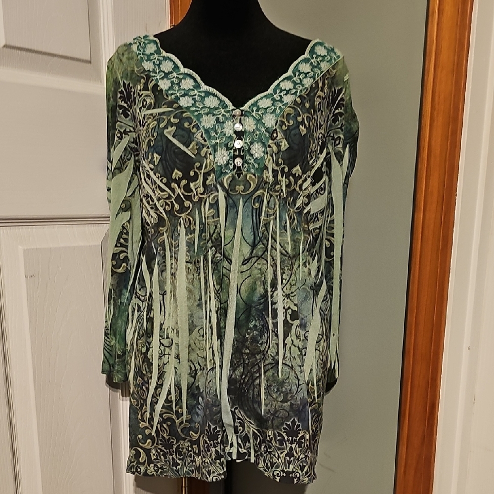 Live and Let Live Green and Blue Bohemian Blouse